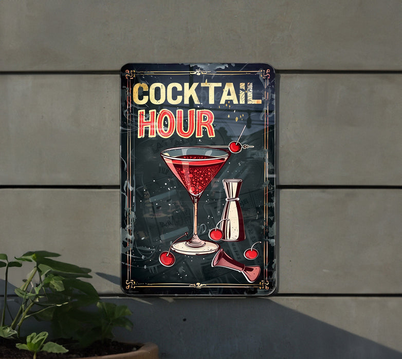 a metal sign that says cocktail hour on it