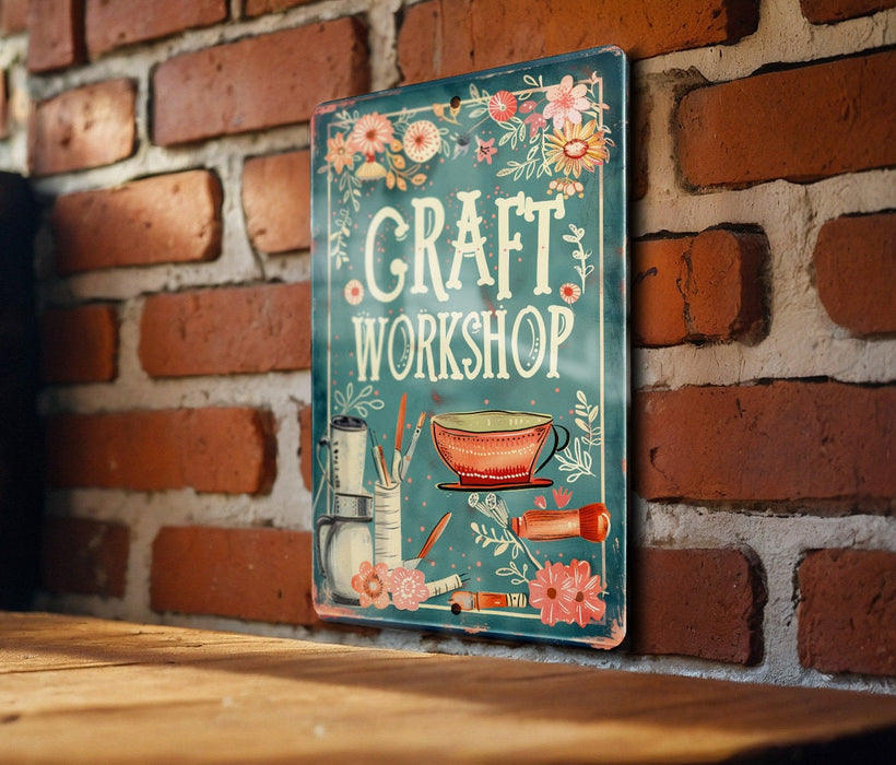 a sign on a brick wall that says craft workshop