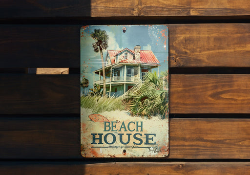 a sign on a wooden wall that says beach house