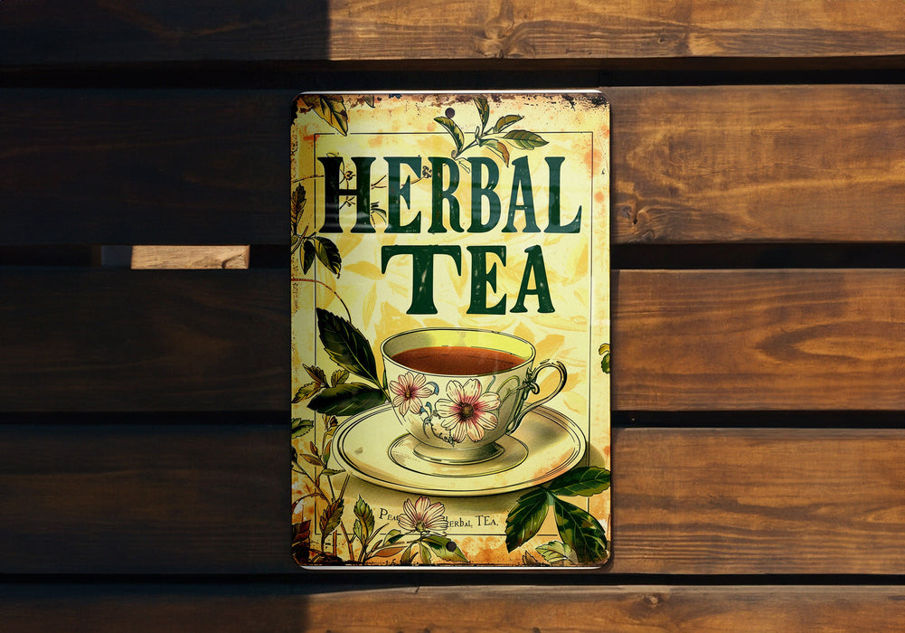 a tin sign with a cup of tea on it