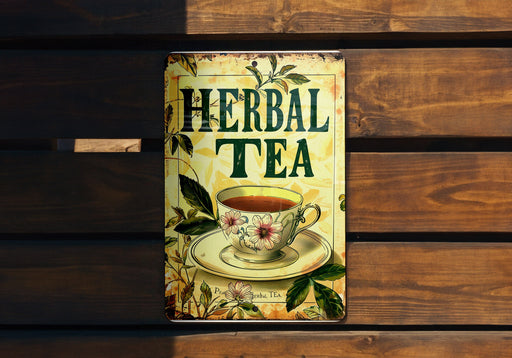 a tin sign with a cup of tea on it