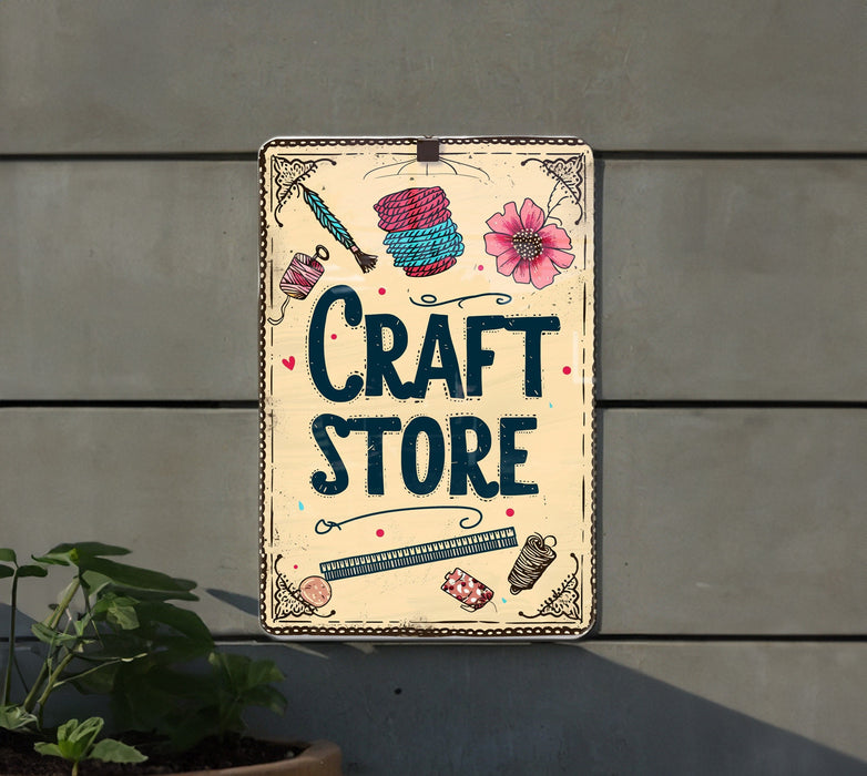 a sign that says craft store hanging on a wall