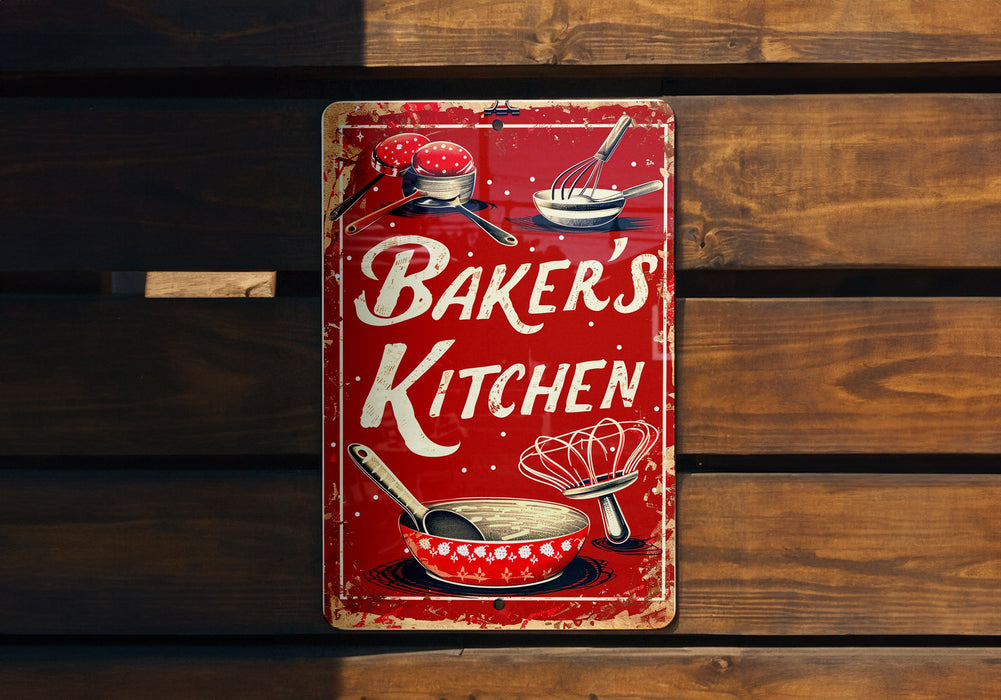 a red sign that says baker's kitchen on it