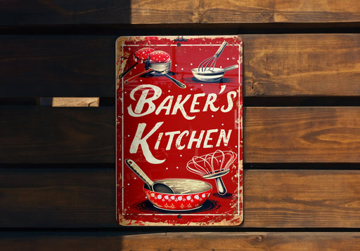 a red sign that says baker's kitchen on it