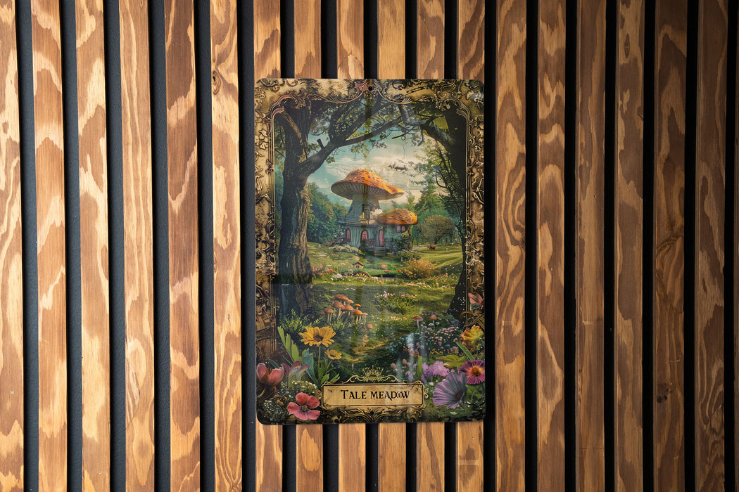 a wooden wall with a picture of a mushroom on it