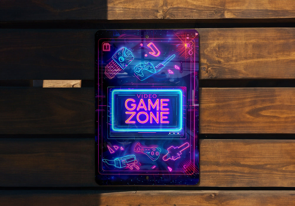 a game zone neon sign on a wooden wall