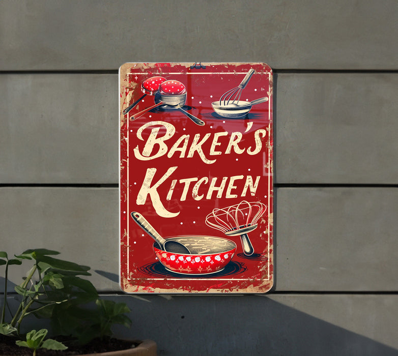 a red sign that says baker's kitchen next to a potted plant