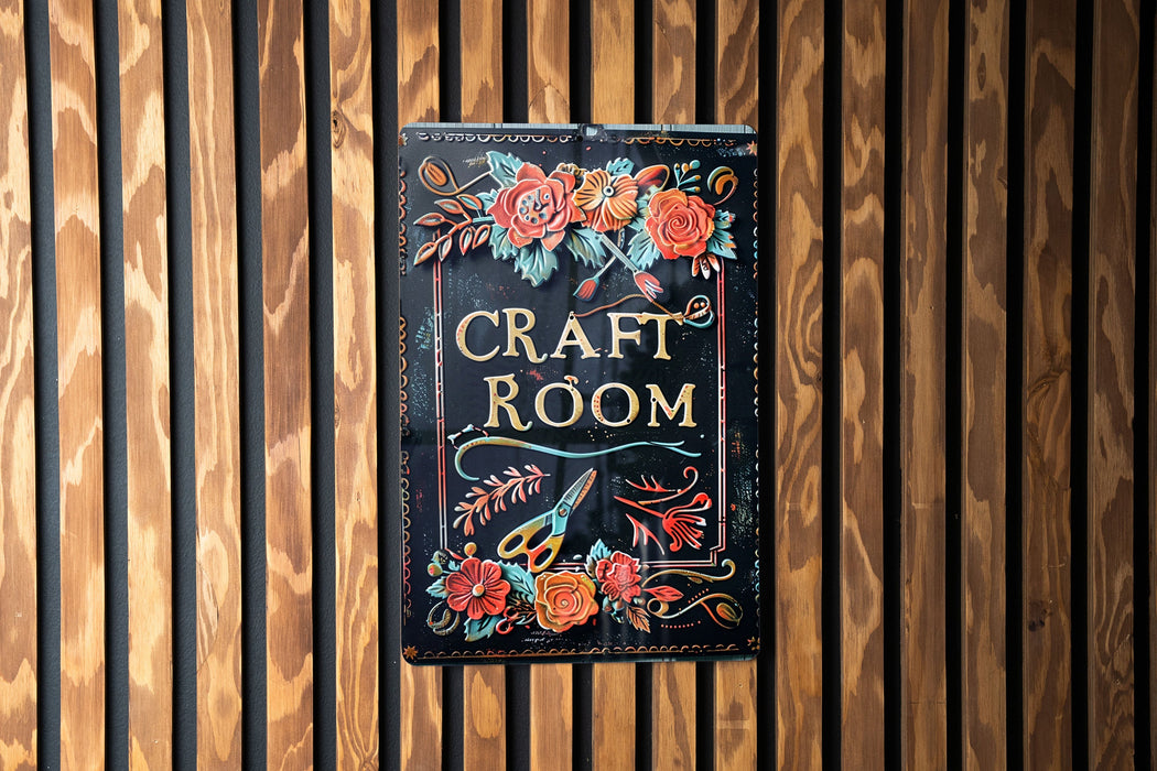 a sign on a wooden wall that says craft room
