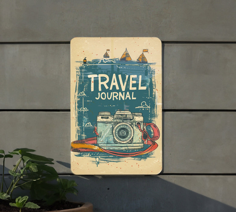 a sign that says travel journal with a picture of a camera