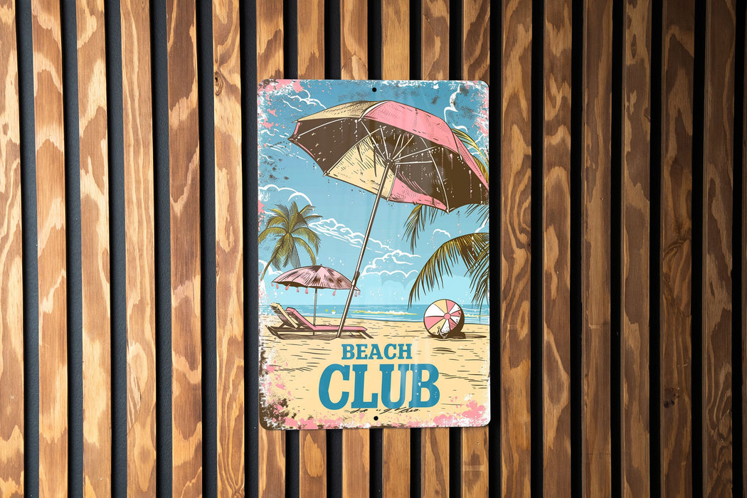 a beach club sign on a wooden wall