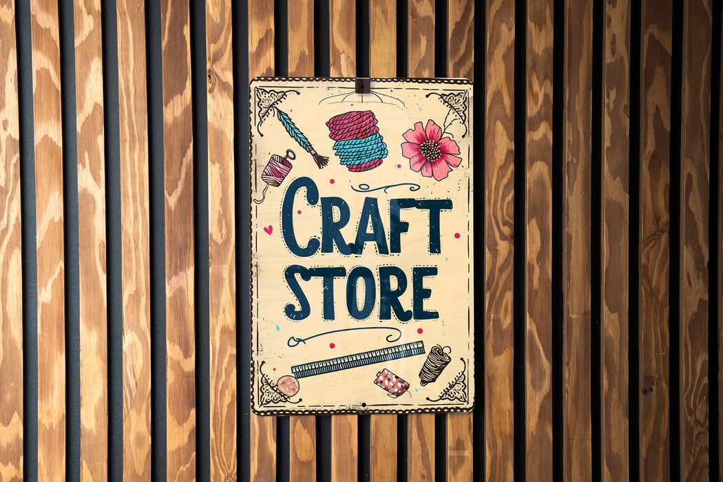a craft store sign hanging on a wooden wall