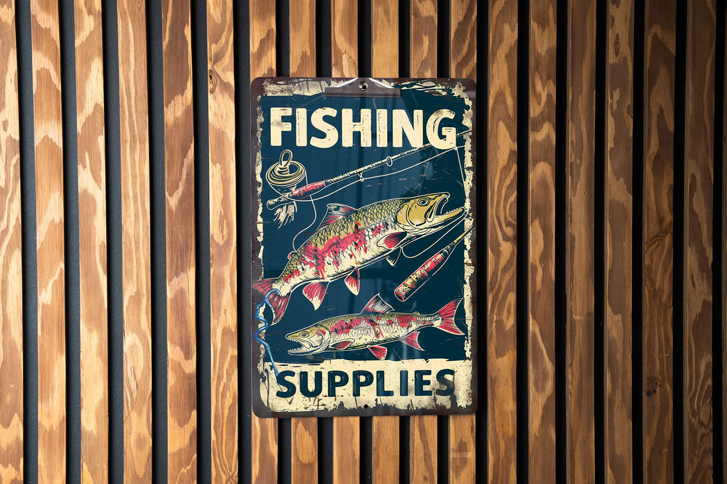 a sign on a wooden wall that says fishing supplies
