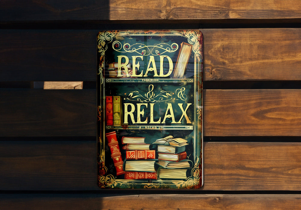 a sign that reads read relax on a bench