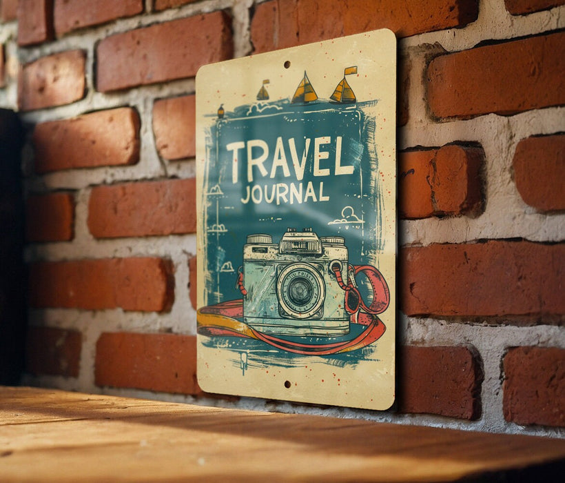 a sign on a brick wall that says travel journal