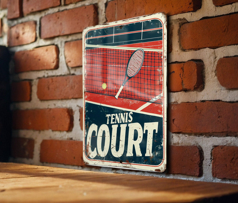 a tennis court sign on a brick wall