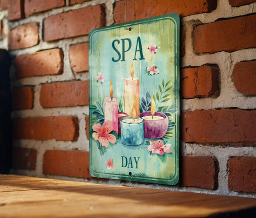 a wooden table with a sign on it that says spa day