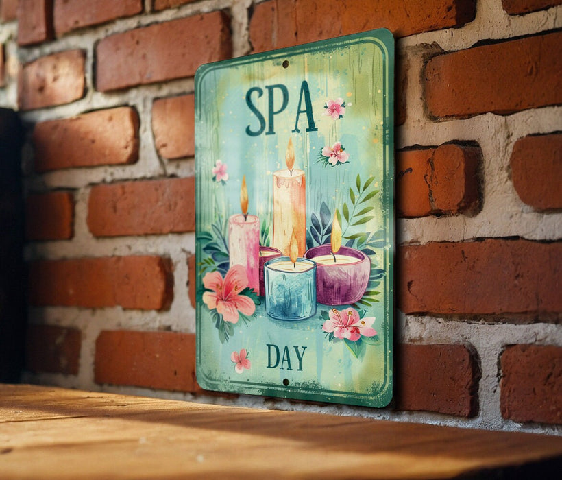 a wooden table with a sign on it that says spa day