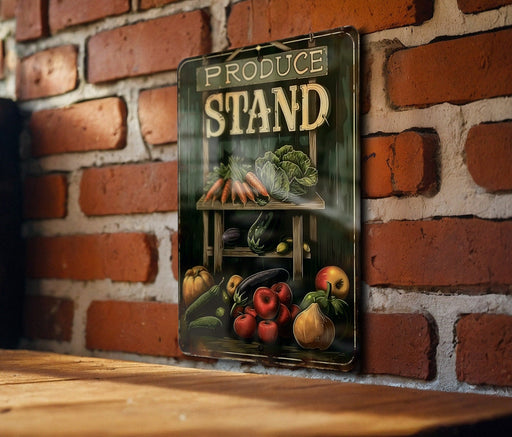 a sign on a brick wall that says produce stand