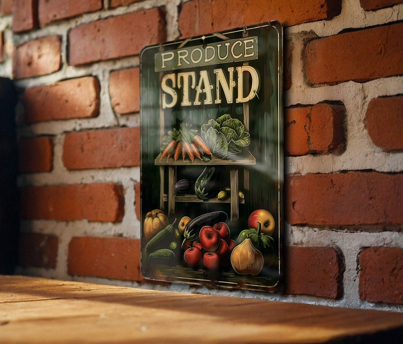 a sign on a brick wall that says produce stand