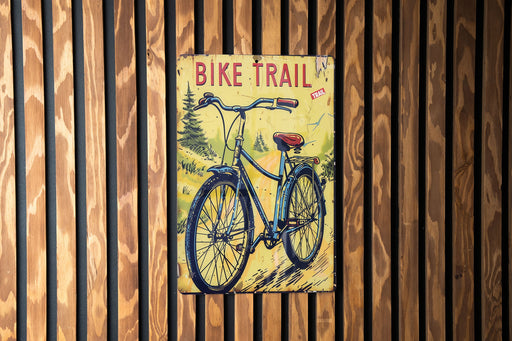 a bicycle trail sign on a wooden wall