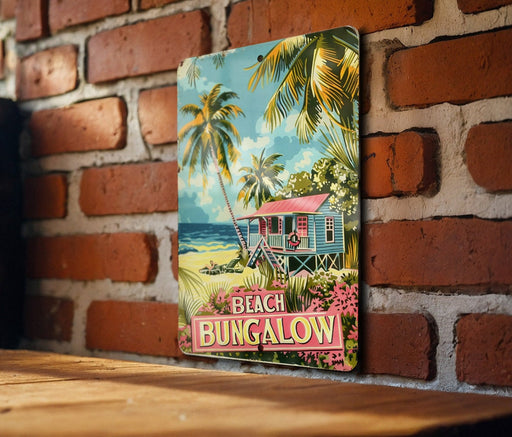 a painting of a beach hut on a brick wall