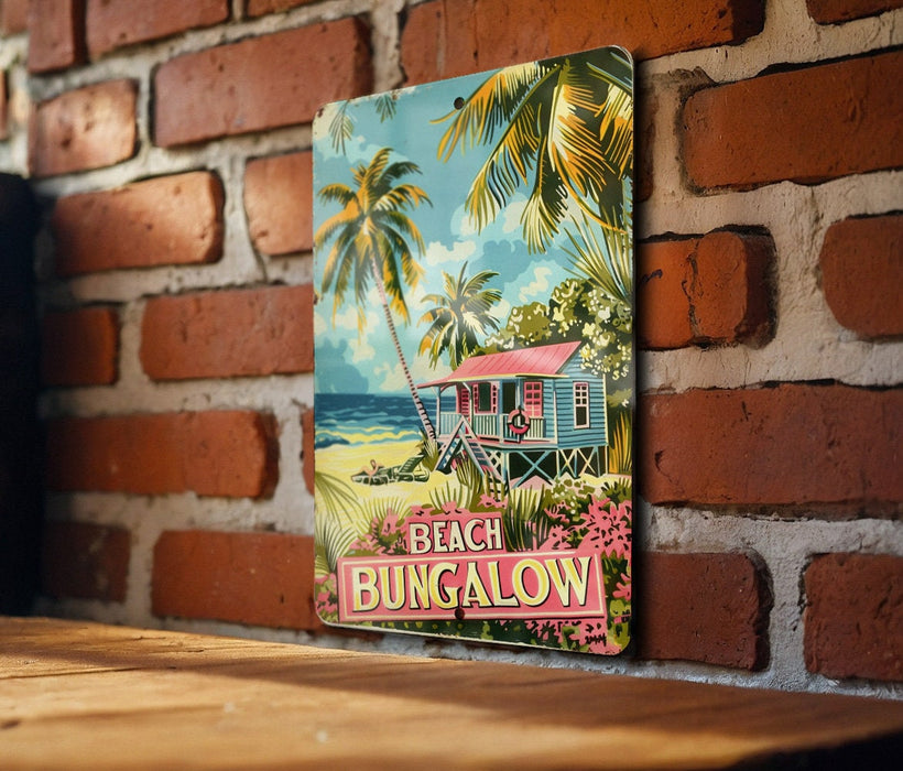 a painting of a beach hut on a brick wall