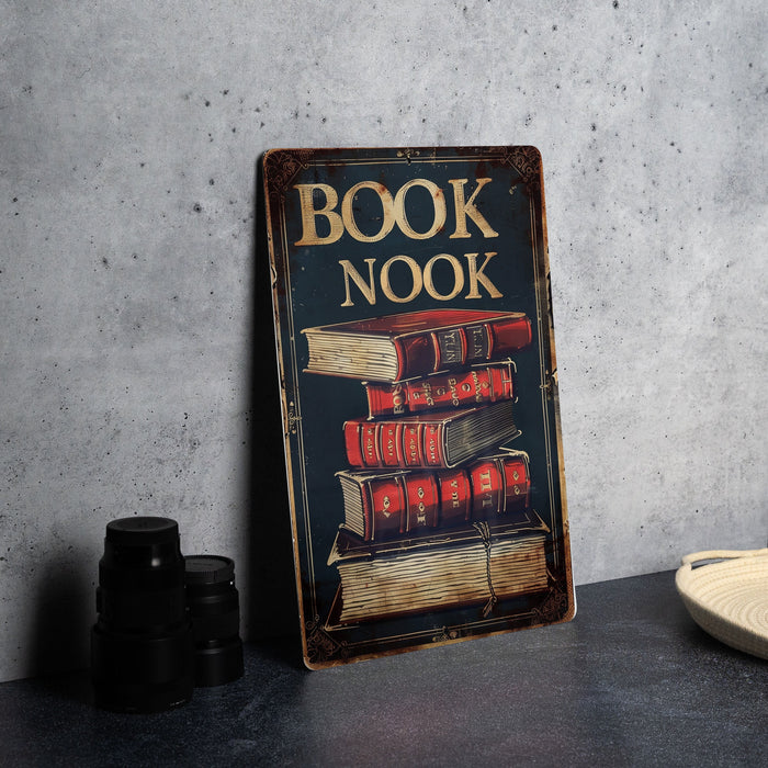 a book nook sign sitting on top of a table