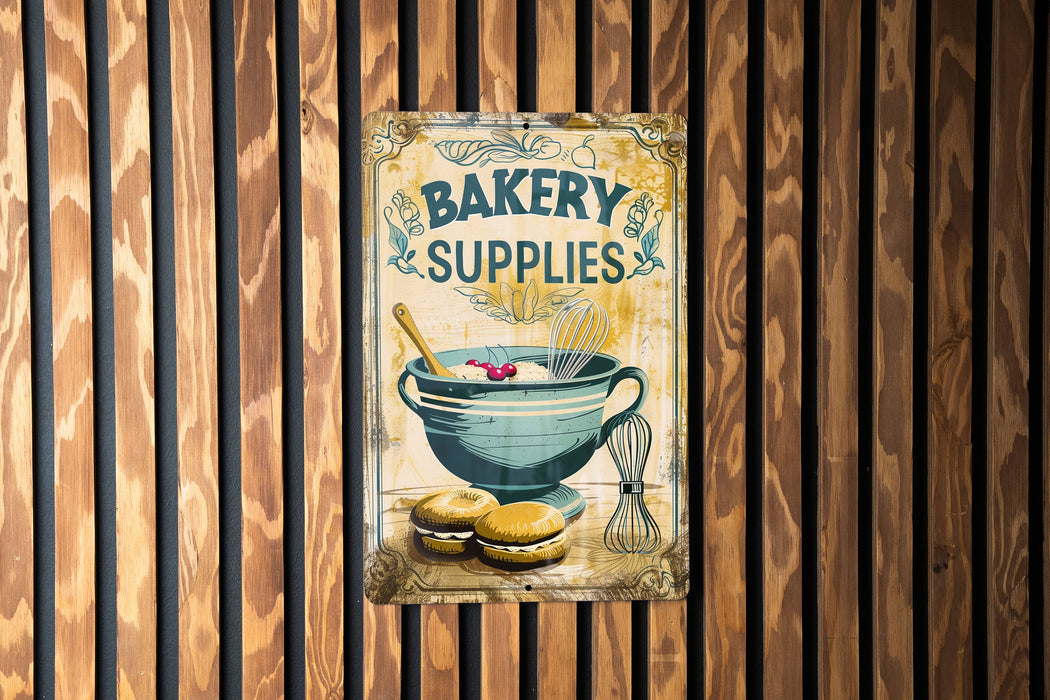 a wooden wall with a sign that says bakery supplies