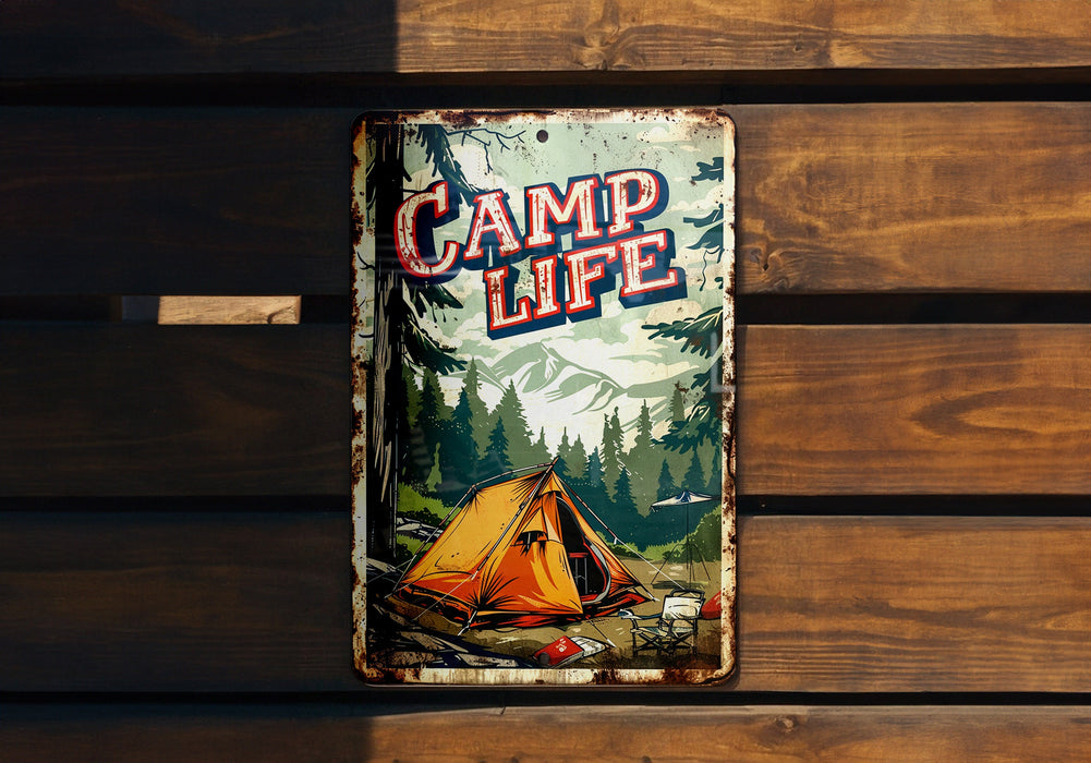 a sign that says camp life hanging on a wooden wall