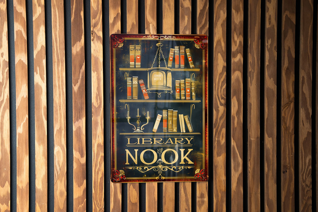 a library sign hanging on a wooden wall