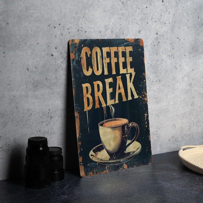 a sign that says coffee break on a table