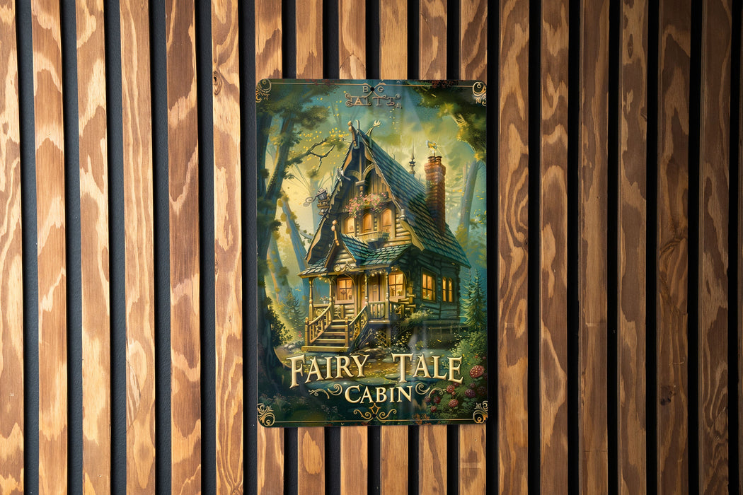a painting of a fairy tale cabin on a wooden wall