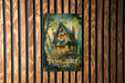 a painting of a fairy tale cabin on a wooden wall