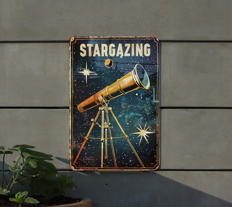 a metal sign with a telescope on it