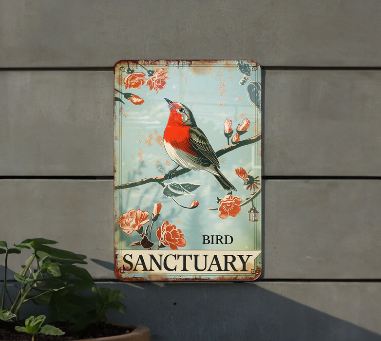 a red bird sitting on top of a sign on a wall