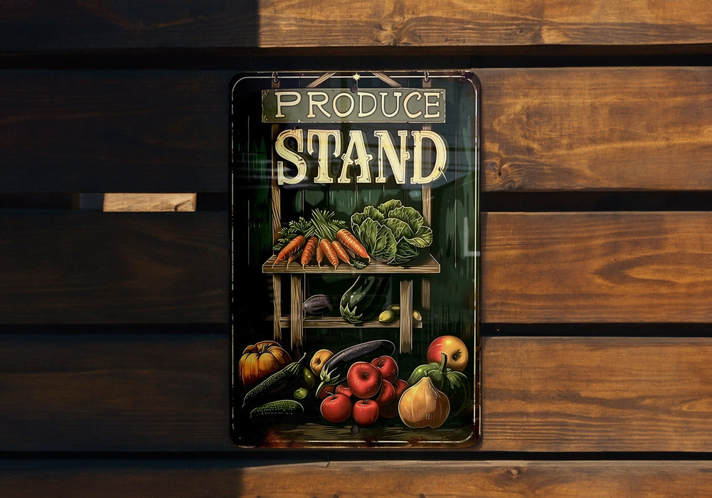 a picture of a produce stand on a wooden wall