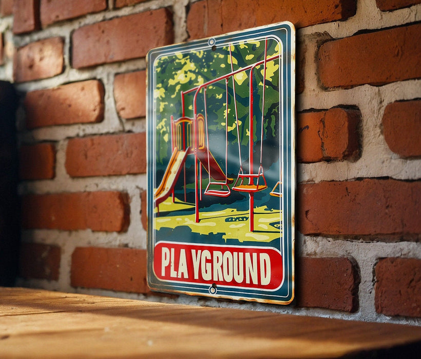 a picture of a playground on a brick wall