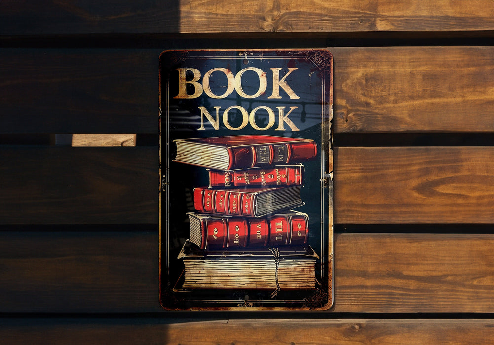 a book nook sign on a wooden bench