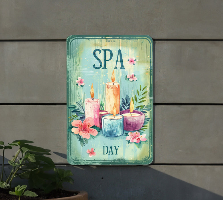 a sign that says spa day with candles and flowers