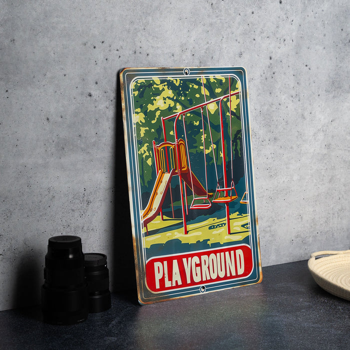 a picture of a play ground sign next to a pair of binoculars