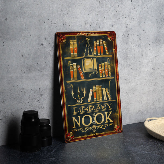 a book shelf with a sign that reads library nook