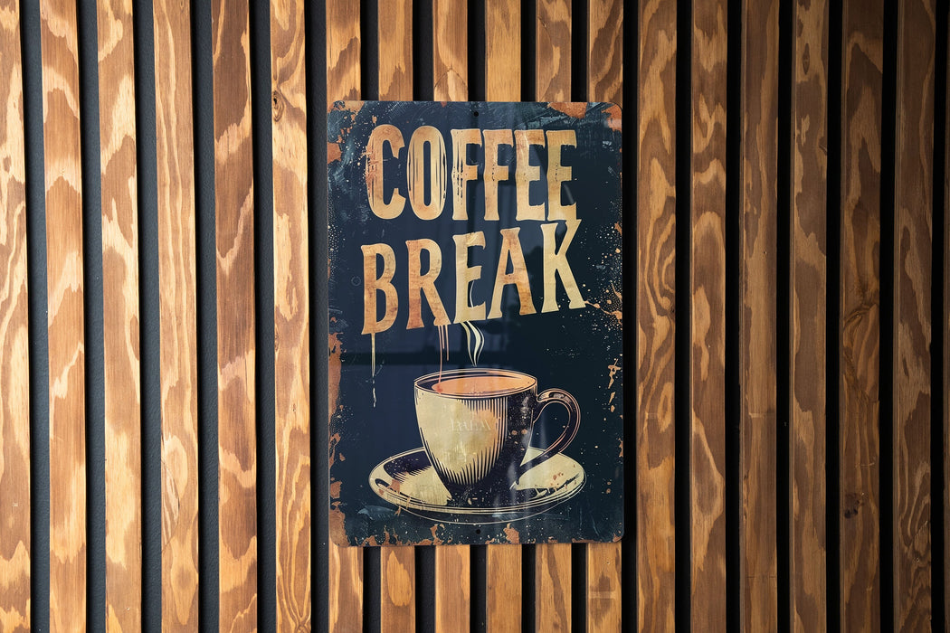 a sign on a wooden wall that says coffee break