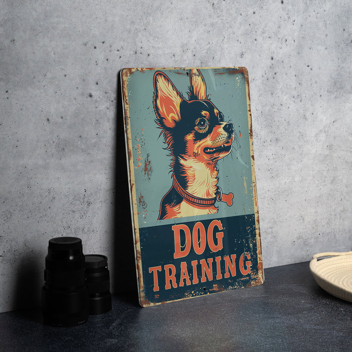 a dog training sign sitting on a table