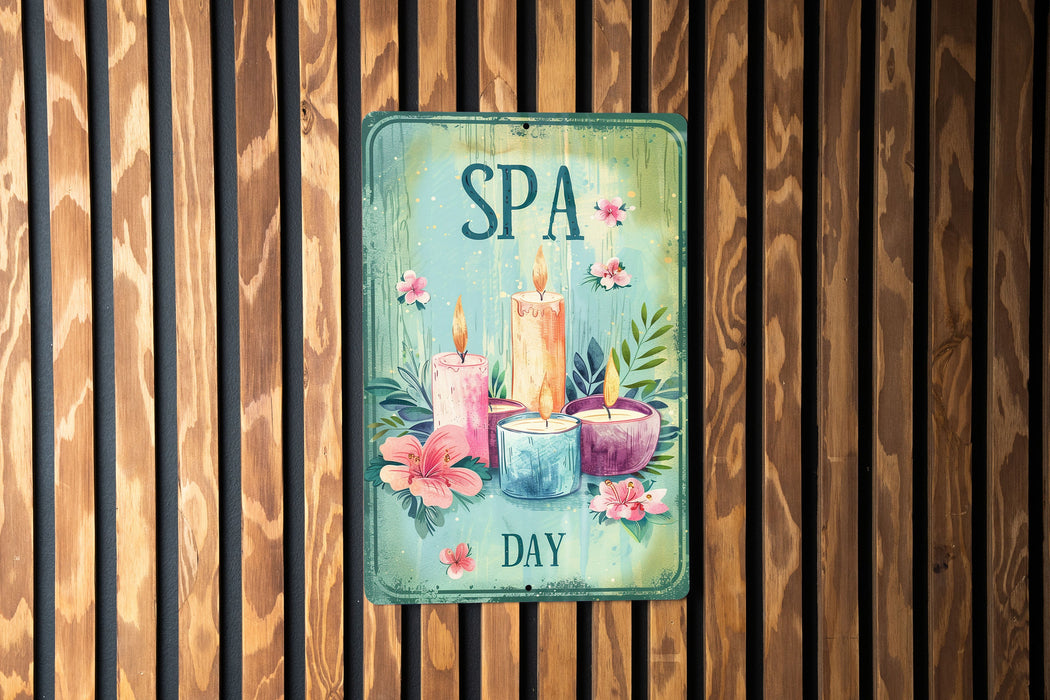 a sign that says spa day with candles and flowers
