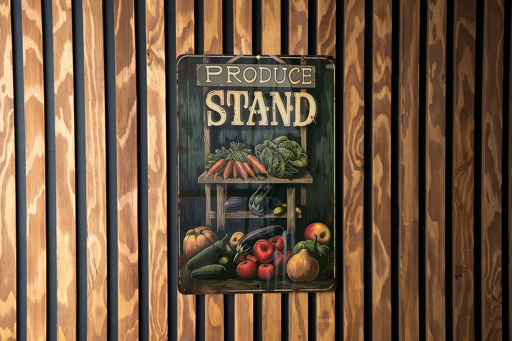 a sign on a wooden wall that says produce stand