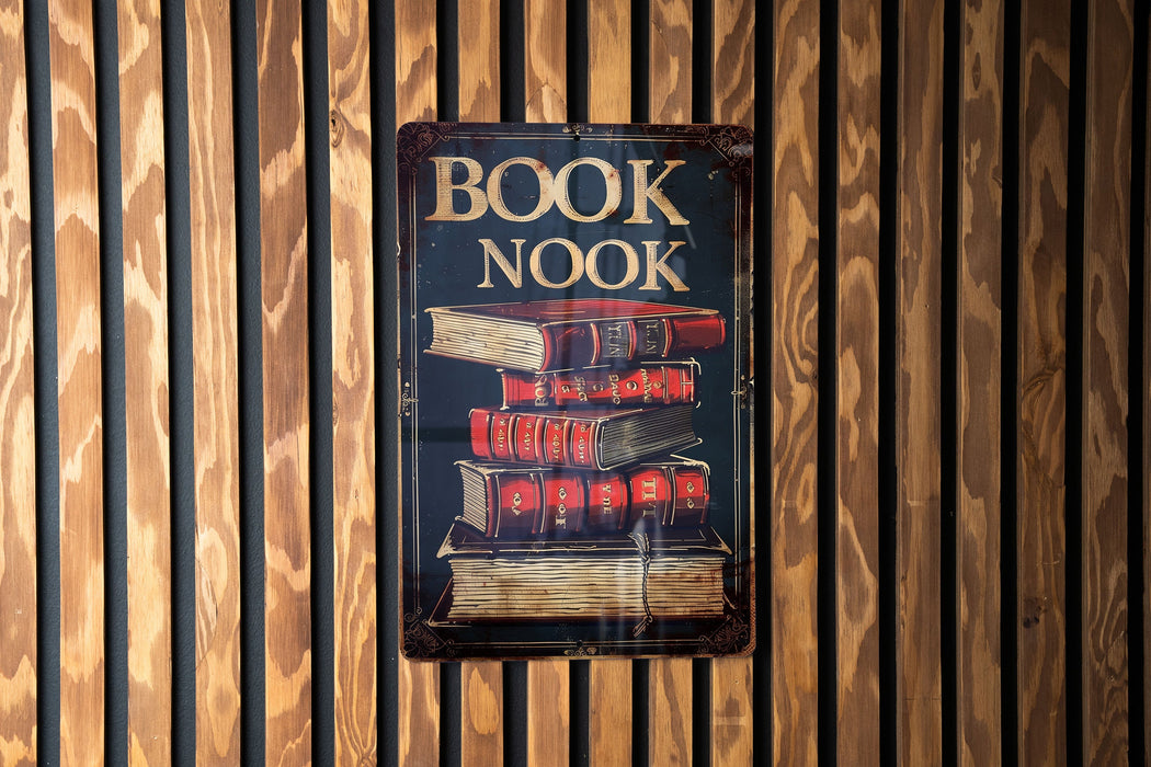 a book nook sign hanging on a wooden wall