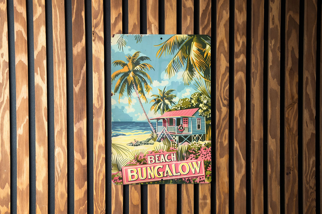 a painting of a beach hut on a wooden wall