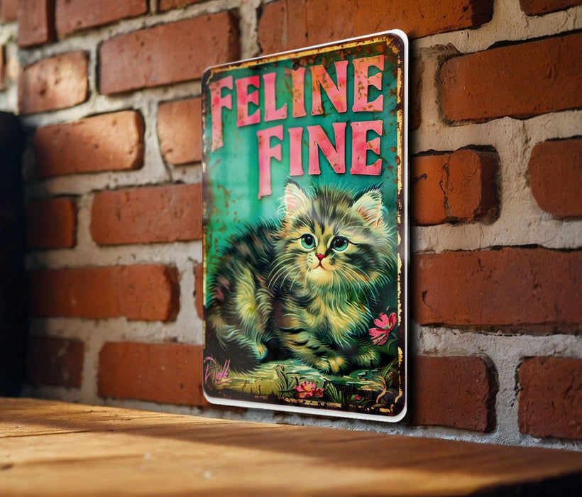 a picture of a cat on a sign on a brick wall