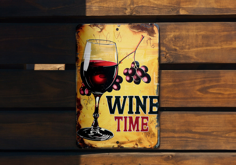 a metal sign with a glass of wine on it