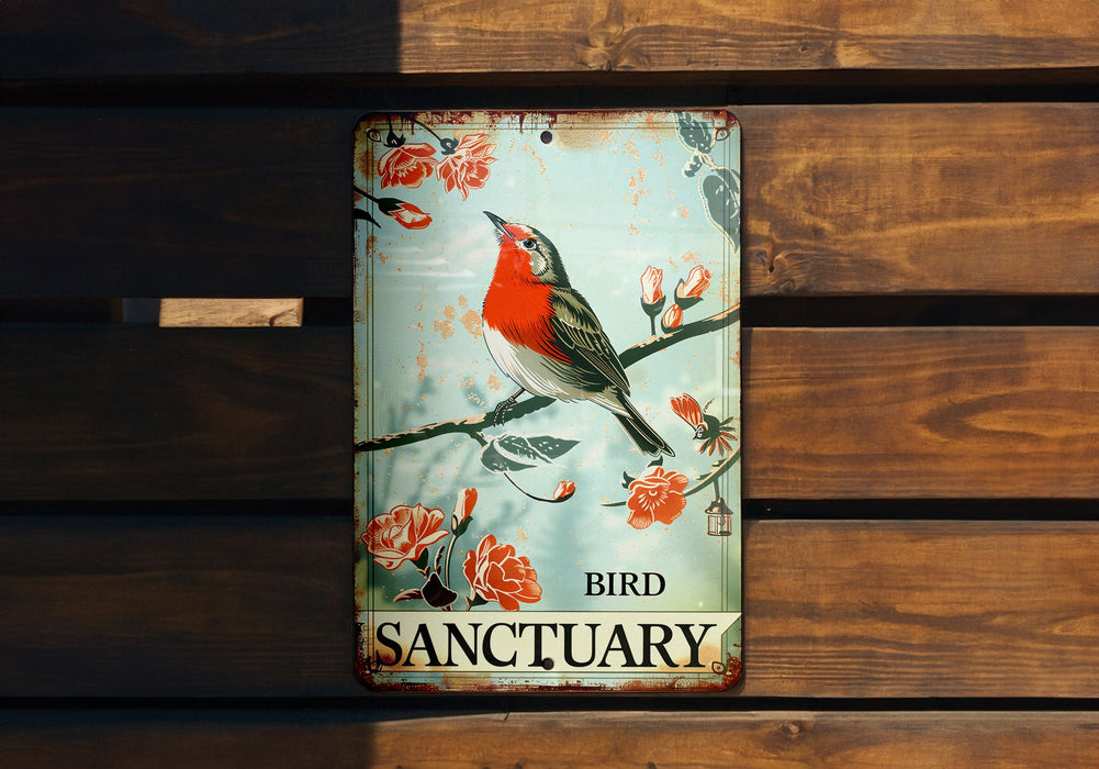 a bird sanctuary sign on a wooden bench